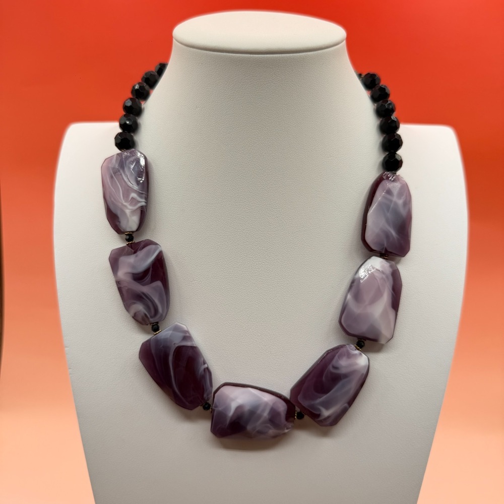 Purple Marbled Acrylic Beaded Necklace Black Faceted Chunky Gothic Statement